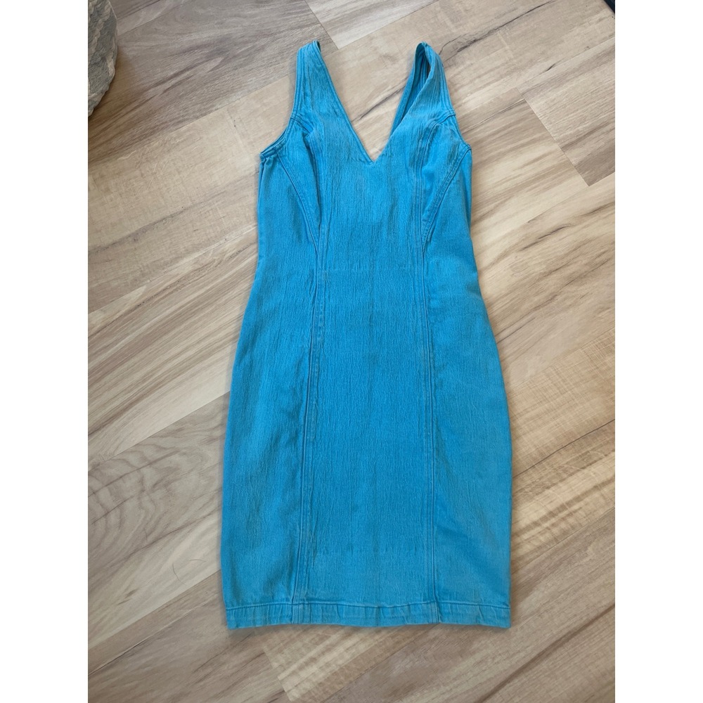 Studebaker Venice Vintage Denim Sheath Dress‎ Turquoise Blue V-Neck Mini Size M